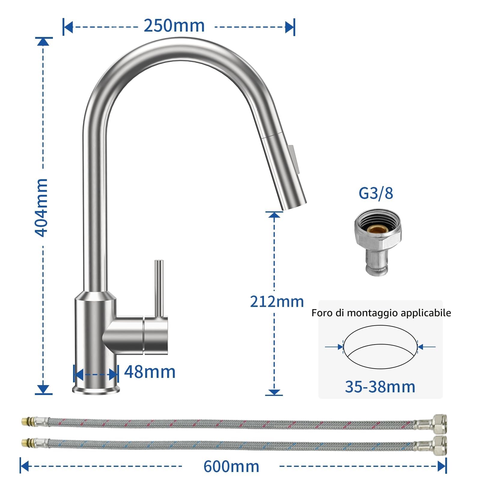 CECIPA Rubinetto Lavello Cucina, Miscelatore Cucina con Doccetta Estraibile 2 Modalità Acqua, Rubinetto Acciaio Inox Girevole a 360°, Risparmio Idrico, Spazzolata