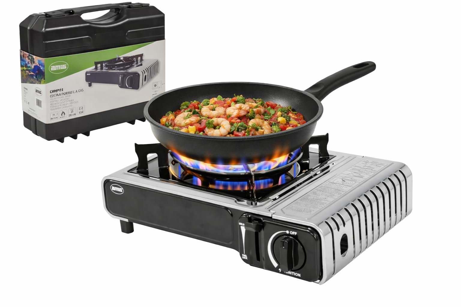 Amig - Fornello da campeggio a gas CAMP01 - Cucina portatile - 2,2 kW di potenza - Paravento e supporto per padella - Certificazione CE - Compatibile con cartucce CP-250 - Per campeggio ed escursioni
