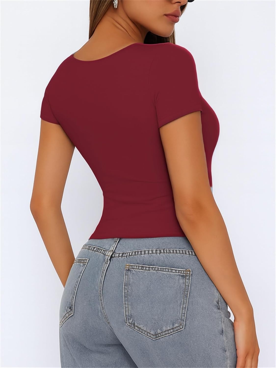 ForeFair Women's Square Neck Going Out Tops Double Lined Short Sleeve Basic Tight Tee Shirts - Image 3