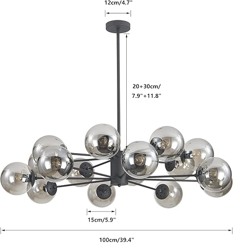 Miniatura 2 de KCO Lighting - Lámpara colgante Sputnik moderna de mediados de siglo, color negro mate, gris humo, cristal, lámpara colgante Sputnik de 16 luces,