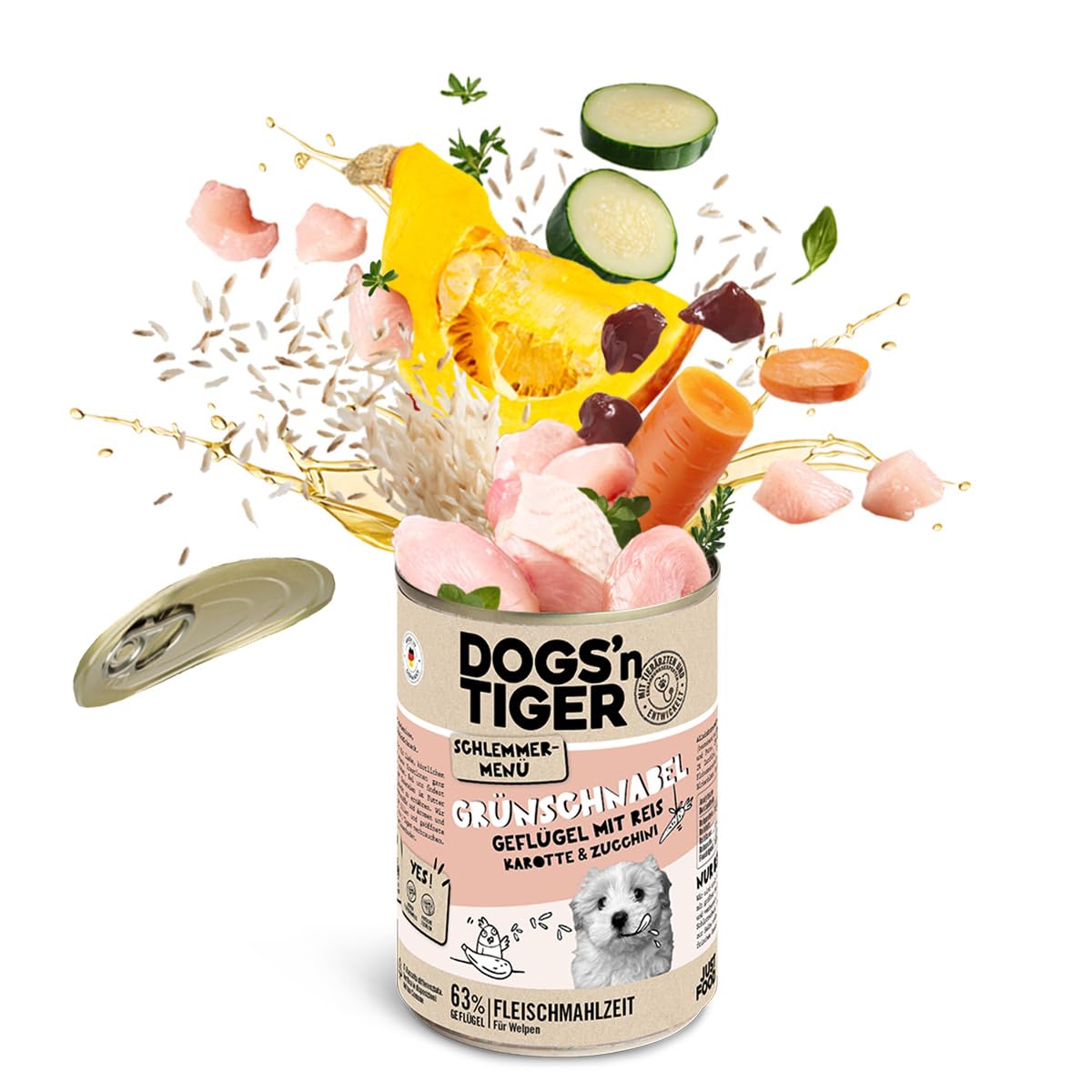 Dogs'n Tiger Junior, Comida para Perros, picor Verde, alimento para Cachorros con Pollo, arroz y Verduras, sin Cereales, azúcar añadido, conservantes Artificiales, 12 x 800 g