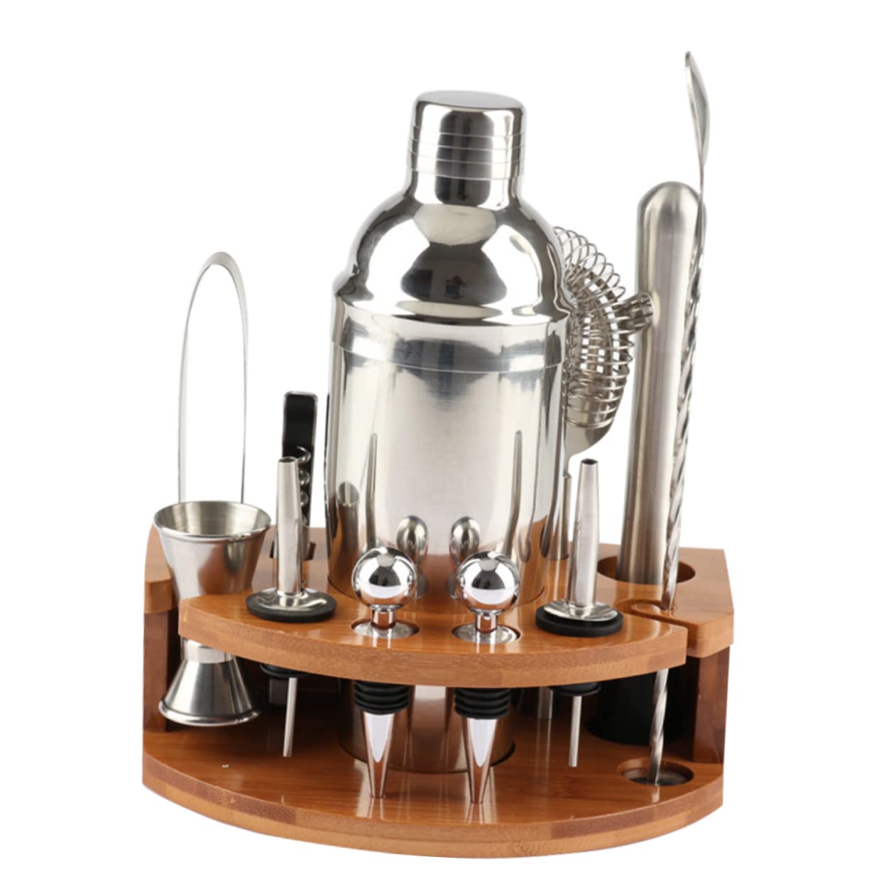 Cabilock Coctelera de Acero Inoxidable 12 Piezas Soporte de Bambú para Preparar Cócteles en Reuniones Amigos Kit Profesional de Herramientas de Barra