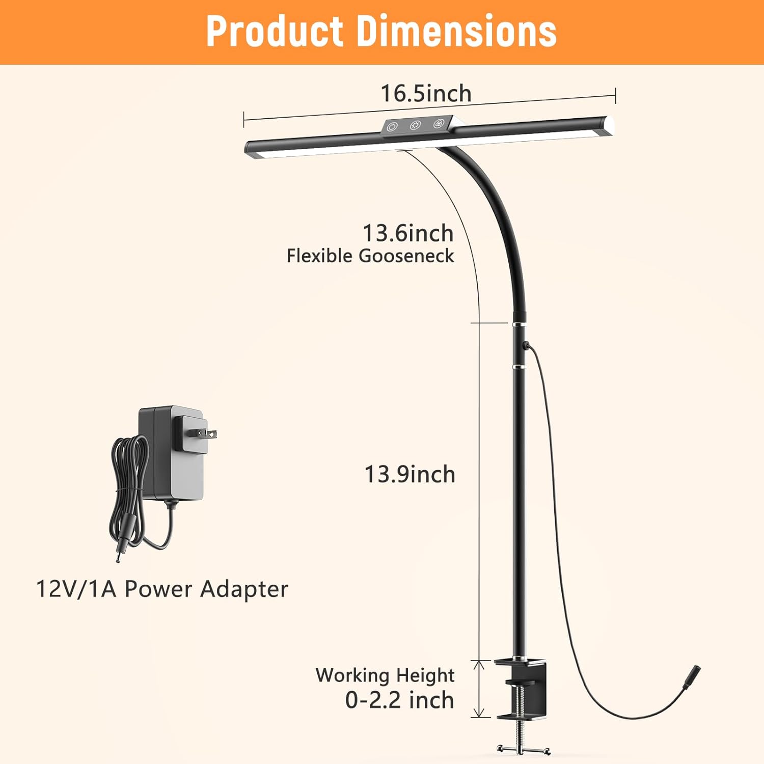LED Desk Lamp for Home Office, Flexible Gooseneck Desk Lamp with Clamp, 5 Color Touch Control Stepless Dimming Adjustable Eye-Caring Desk Light with Adapter for Reading, Drafting, Study, Workbench