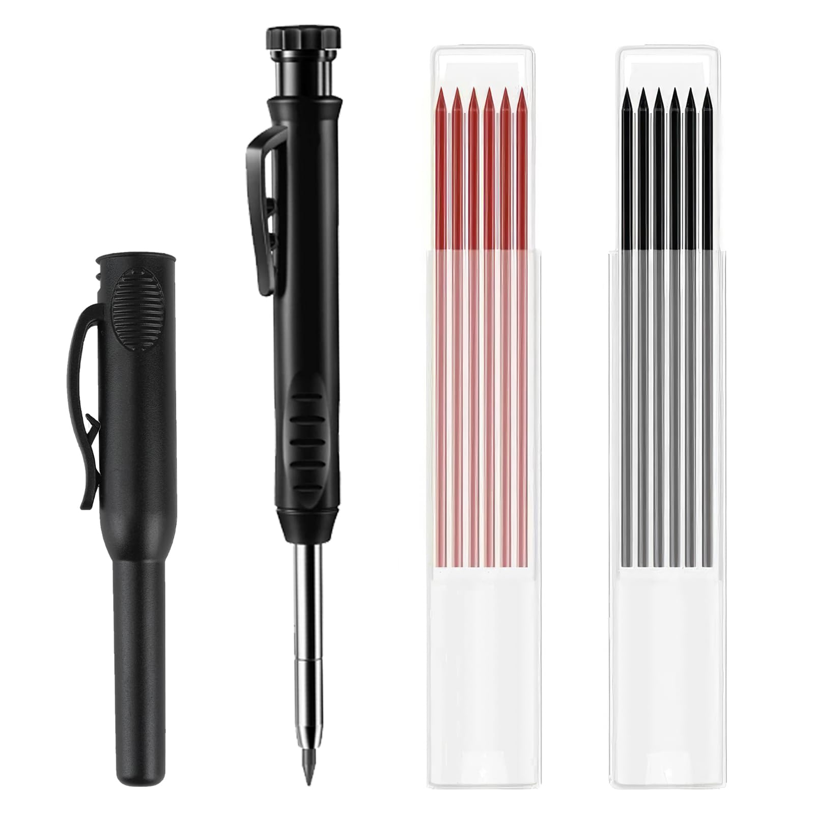 Wonvify Lápices de Carpintero con Sacapuntas y Estuche, Lápices Mecánicos de Carpintero con 12 Recambios (Negro&Rojo), para Construcción, Dibujo, Carpintero
