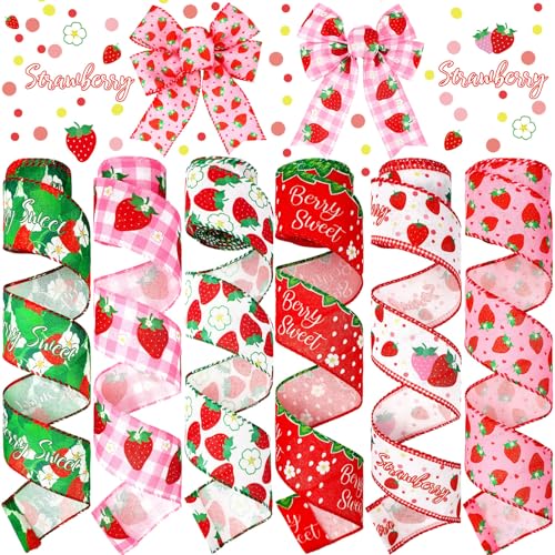 Wavyknot 6 Rolls of 30 Yards Strawberry Wired Ribbon, 2 Inch Wide Baby Shower Ribbon Fabric for Summer DIY Craft Wreath Diaper Cake Floral Gift Box Wrapping Party Decor