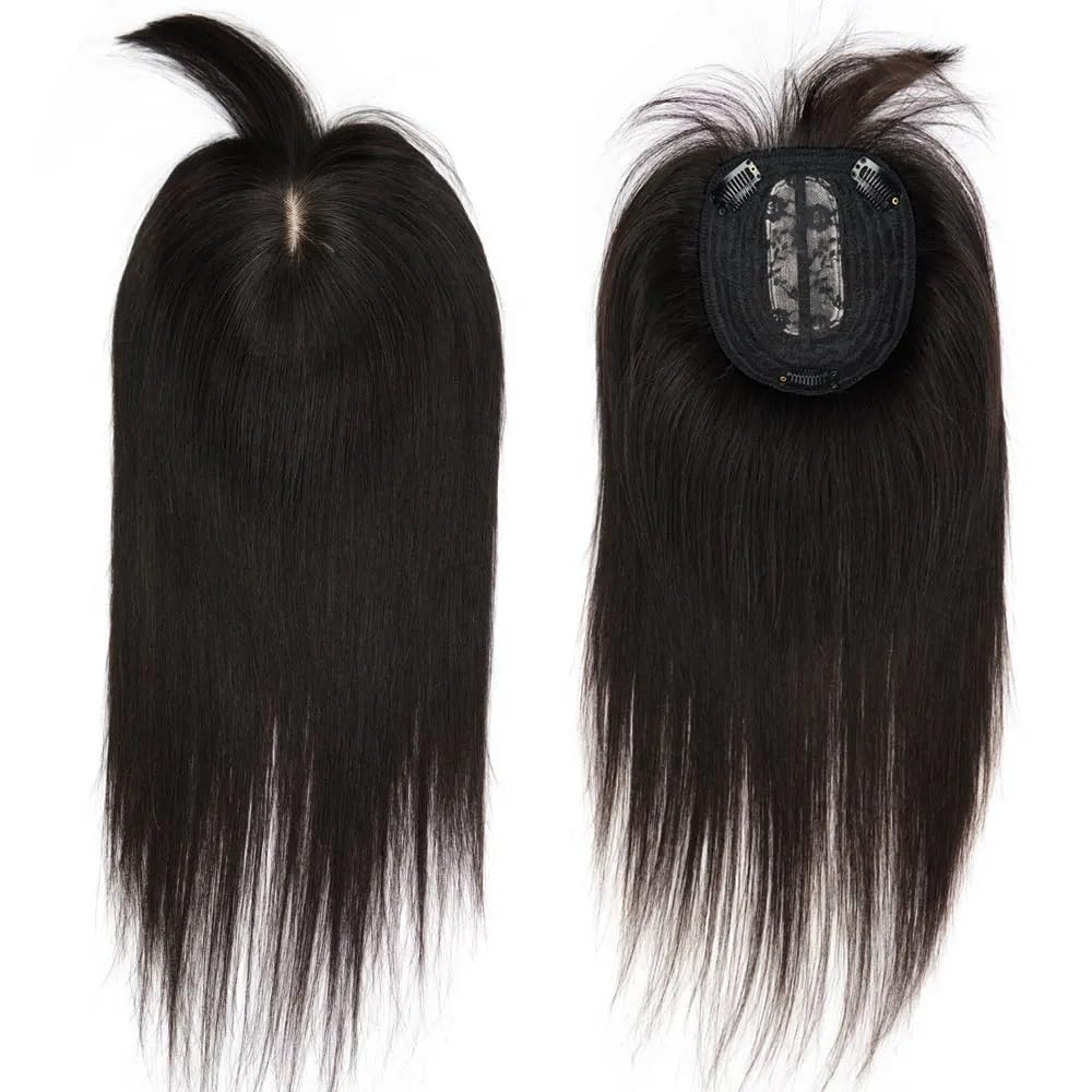 Echthaar-Topper for Damen mit Pony, 13 x 13 cm, nahtlose, unsichtbare Seidenbasis for dünner werdendes Haar for mehr Volumen, 3 Clips(Medium color,8inch)