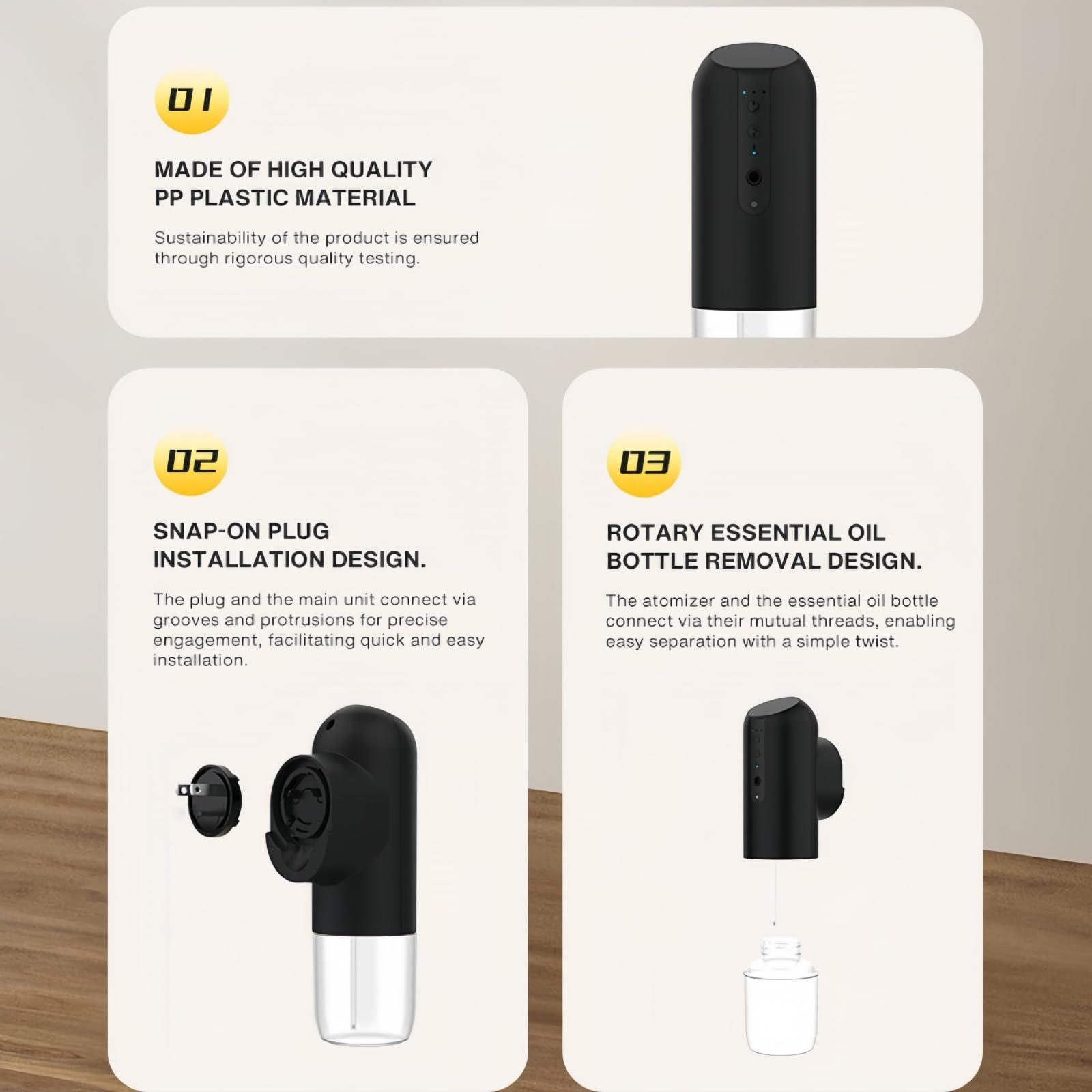 Difusor enchufable para aceites esenciales, difusor de aroma sin agua de hasta 600 pies cuadrados, para el hogar, oficina, spa, difusor de pared inteligente portátil (negro)