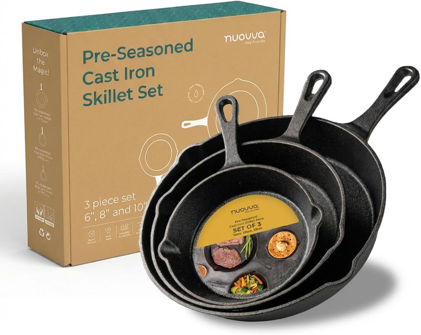 nuovva Pre-Seasoned Cast Iron Skillet Frying Pans Oven Safe Cookware for Indoor & Outdoor Use - Grill, StoveTop, PFOA & PTFE Free (3-Piece Chef Set 6-Inch 15cm, 8-Inch 20cm, 10-Inch 25cm)