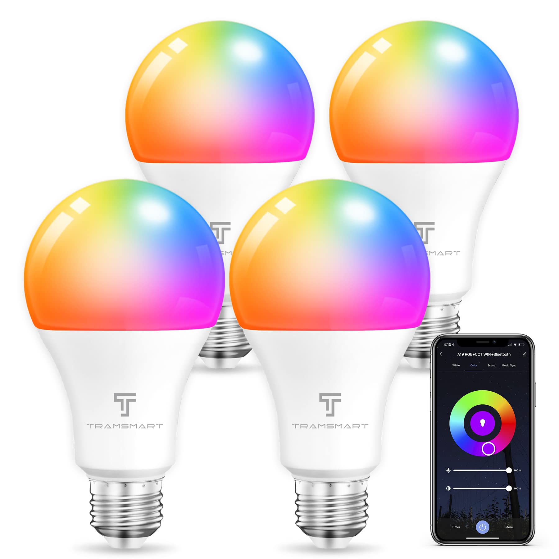 TRAMSMART Smart Bulb A19 with dimensions and key features listed: 9W, 800LM, Remote Control, 16 Million Colors, Sync Music, Biorhythm.