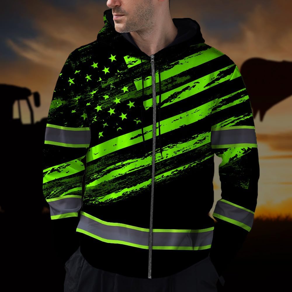 Maddly Hi Vis Reflective Zip Up Hoodie, Orange American Flag High Visibility Safety workwear hoodie for workers, Patriotic - Image 2