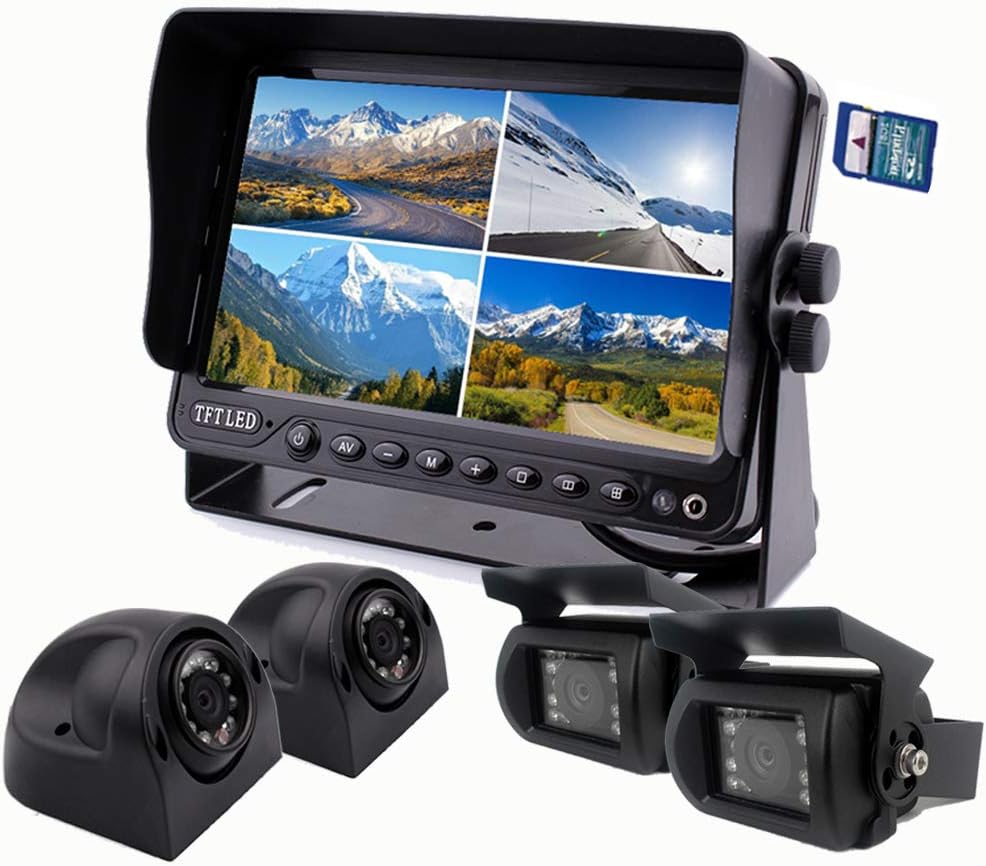 Car Backup Camera System 9" Monitor Build-in DVR Recorder with Quad Split Screen Rear View Camera System Kit for Truck Van Caravan Trailers Camper Bus RV Harvester