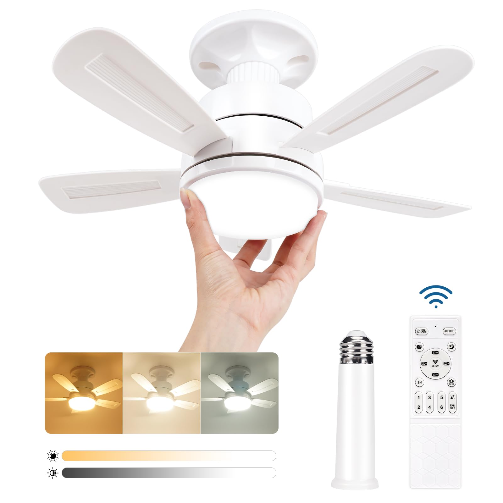 VARICART Ventilador de Techo con Luz y Control Remoto, Ventiladores de Techo Silencioso con Casquillo E27, Lampara Ventilador Techo 1200 Lúmenes, 3 Colores 3000K - 6000K, 5 Aspas, 6 Velocidades