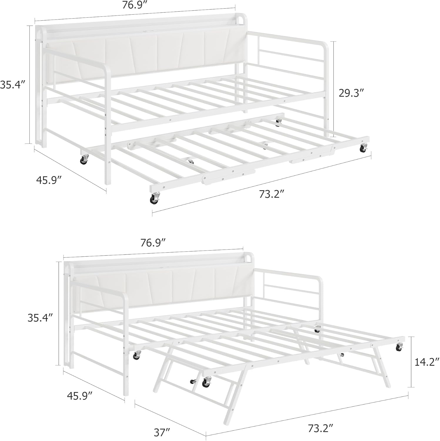 GAOMON Twin Daybed with Pop Up Trundle, Heavy Duty Metal Twin Bed Frame with LED Lights Charging Station, Linen Upholstered Storage Headboard, for Living Room, Bedroom, White