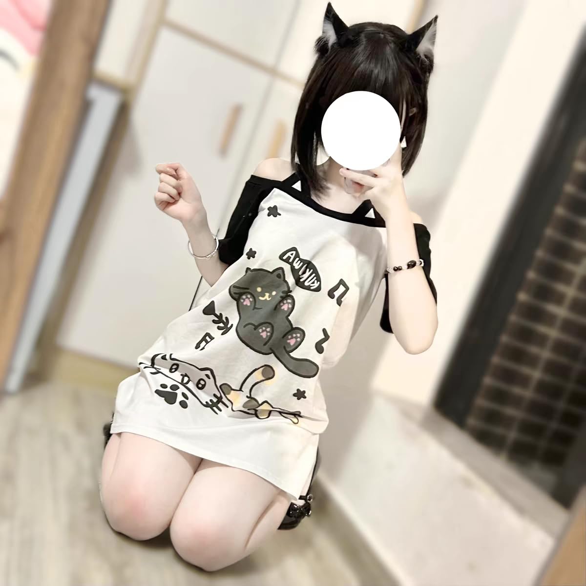 Y2k Kawaii Shirts for Women Cartoon Graphic Tees Off Shoulder Cutecore Shirts Harajuku Fashion Gothic Tops: Black Large