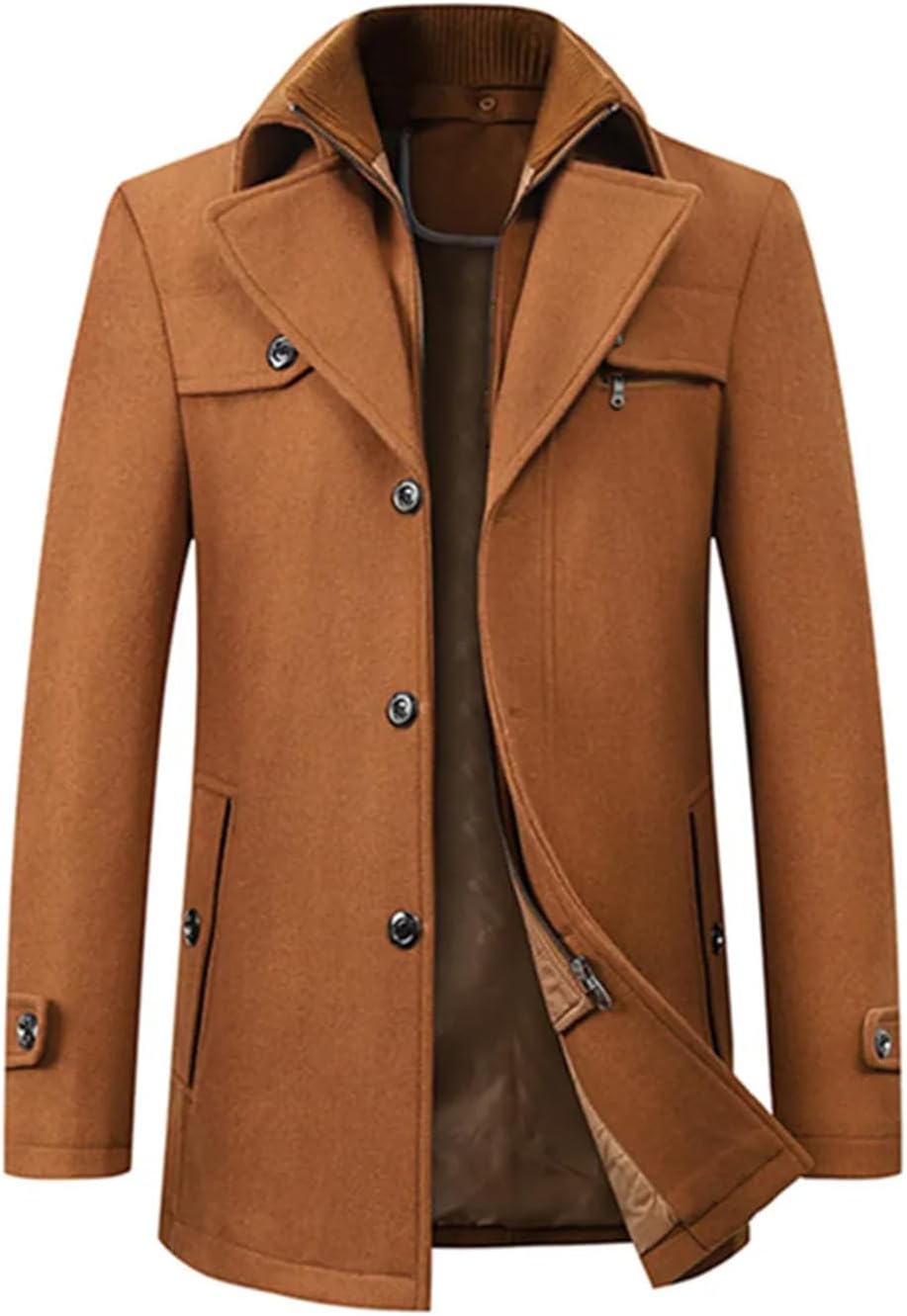 Dninmim Men's Winter Solid Windbreaker Coat Single Breasted Slim Fit Business Casual Wool Jacket Blends