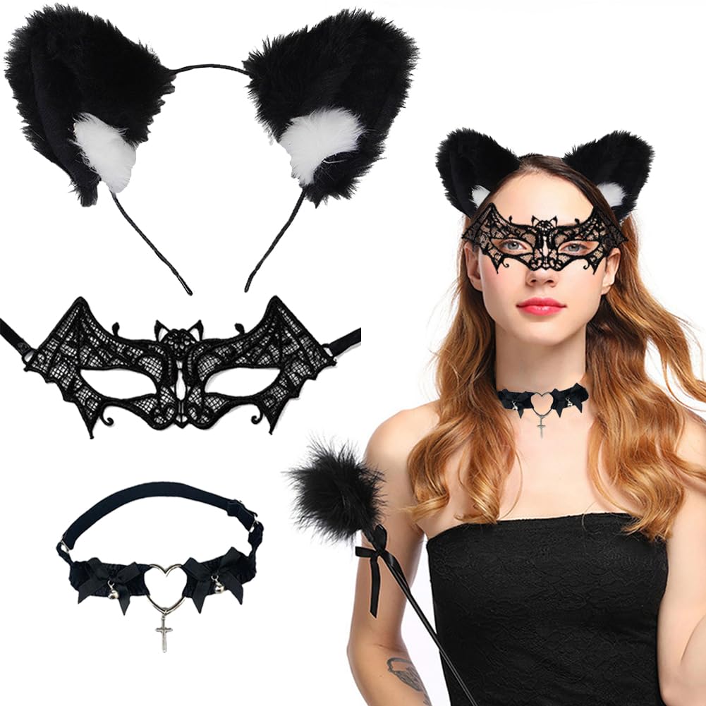 LGWJHCY Lace Masquerade Costume Jewellery Set, Halloween Sexy Lace Costume for Women Cat Ears Headband Bat Masquerade Mask Classic Gothic Choker Necklace