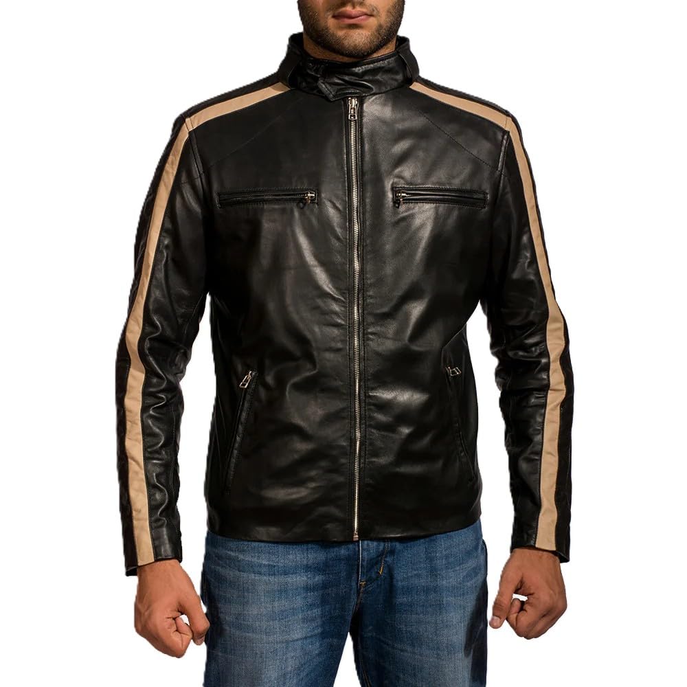 Posh Fera Men's Black Leather Biker Jacket with Beige Stripe Detail, Zip Closure, Moto Style-picture-32
