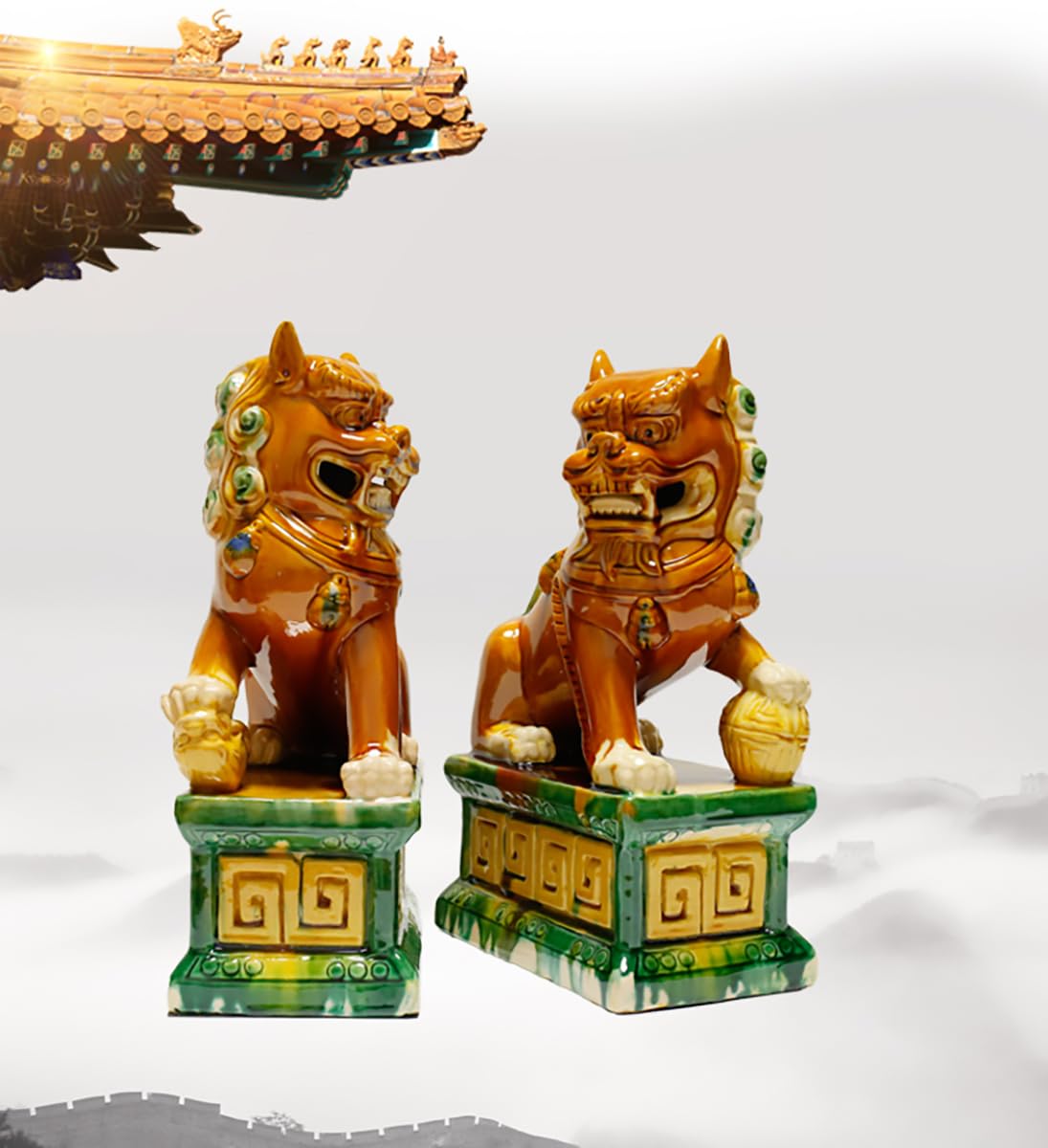 China Keramik Feng Shui Fu FOO Hund Wächterlöwen Statuen Asiatische Dekor Ornamente für Büro Schreibtisch Hauseinweihung Geschäft Eröffnung Geschenk B1,20cm