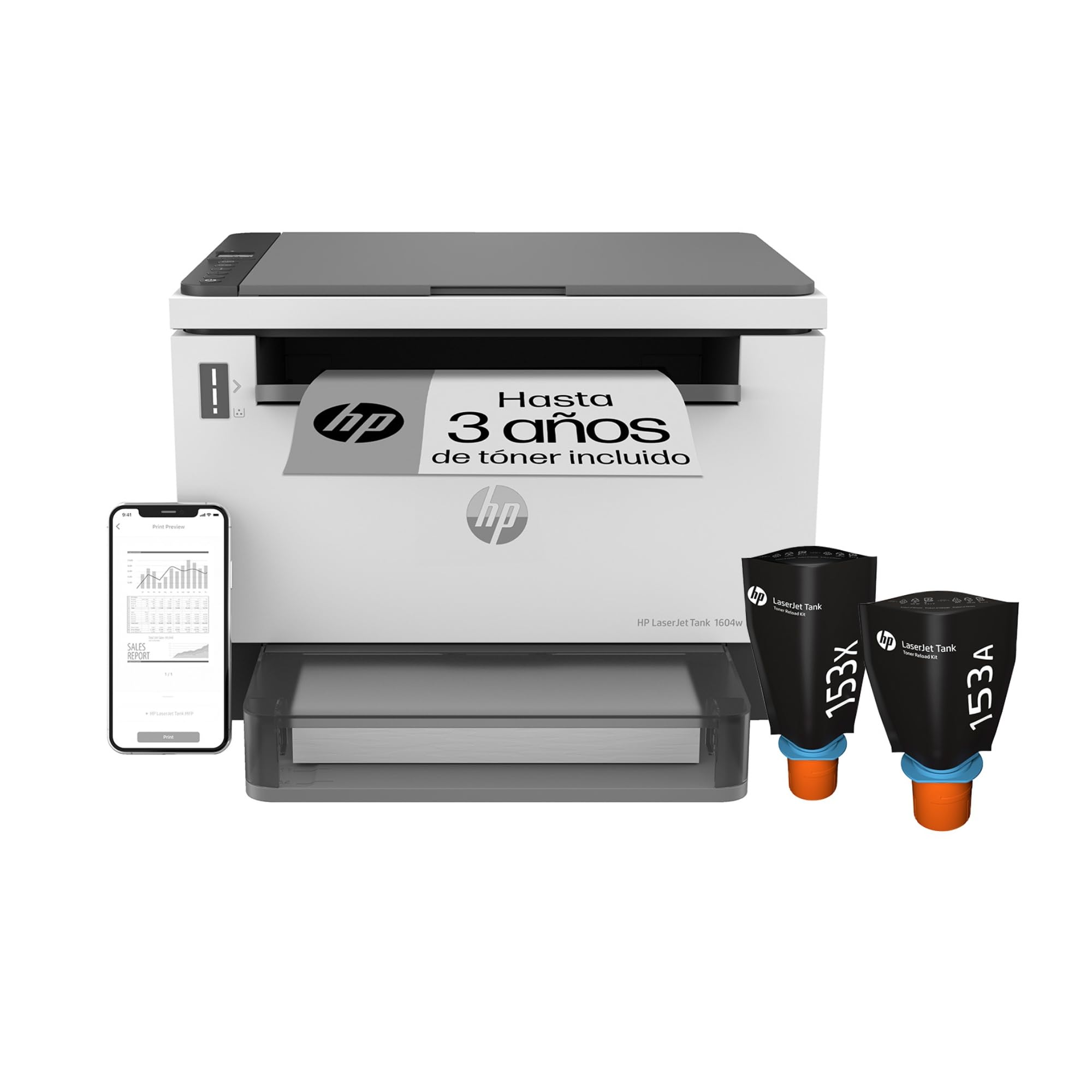 HP LaserJet Tank MFP 1604w 381L0A, Impresora Láser A4 Multifunción con Deposito de Toner, Impresión a Doble Cara Manual, Copiadora y Escaner, Wi-Fi, Smart App, Pantalla LCD Icon, Blanca y Negra Blue Angel