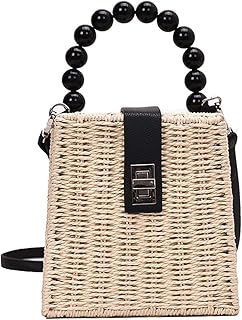 QZUnique Women Straw Hangbag Beach Crosbody Bag PU Strap Handmade Rattan Shoulder Bag Beads Top Handle