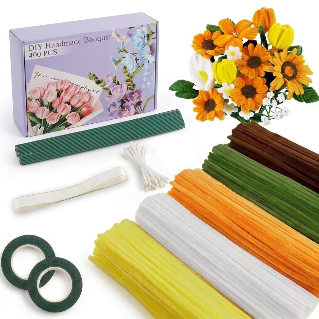 400 Pcs Pipe Cleaners for Craft Flower | 5 Color Chenille Stems with Floral Wires, Stamens, Ribbon and Tape for DIY Flower Bouquets-image-49