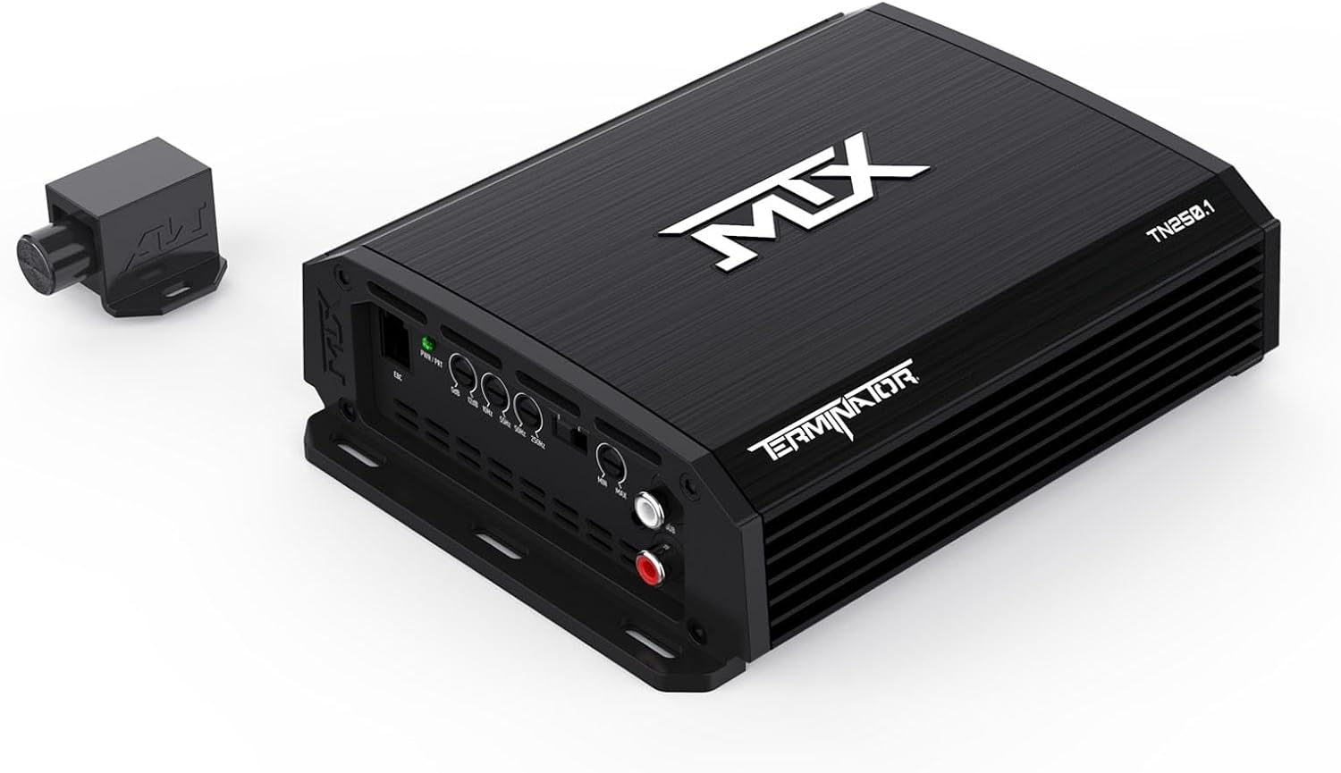 Angled view of the MTX Terminator TN250.1 amplifier with the remote bass knob visible.