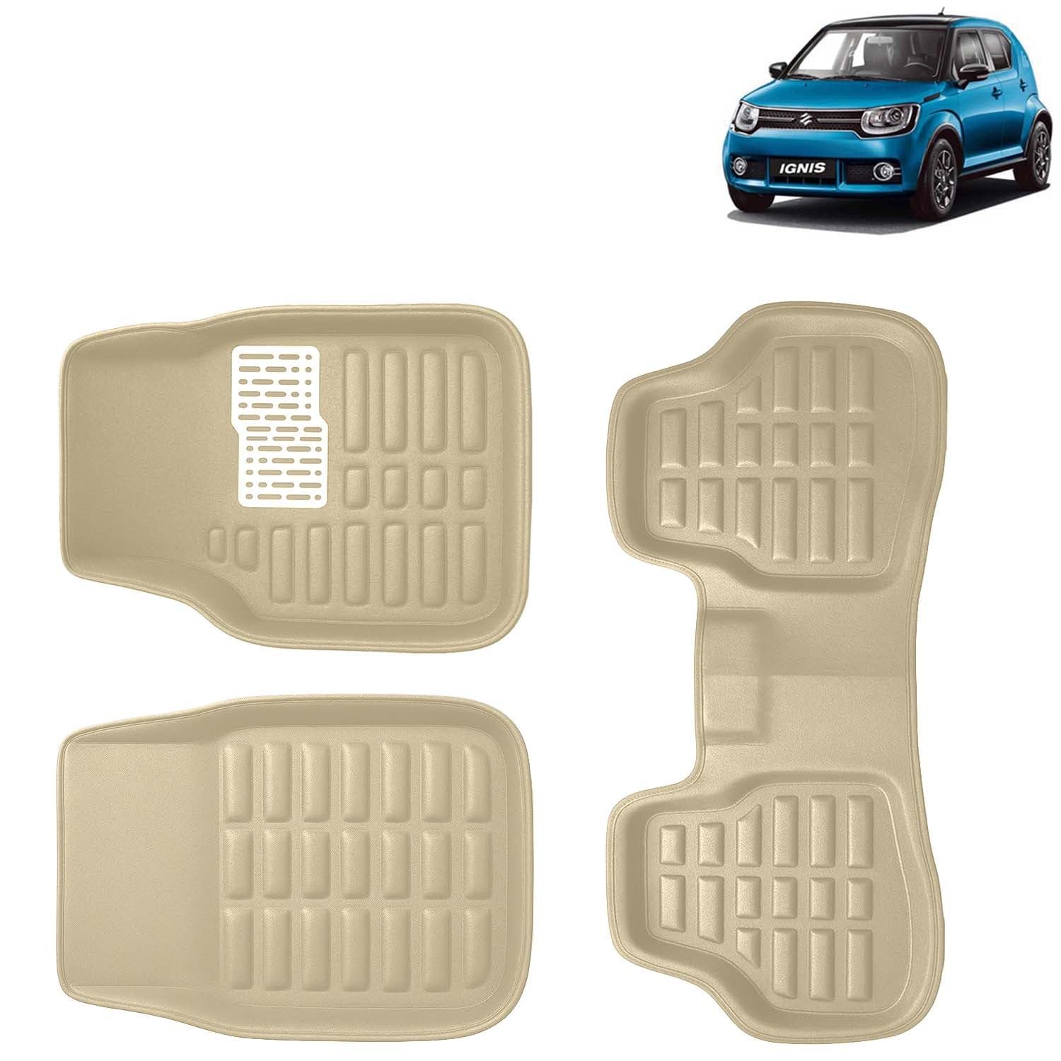 KINGSWAY Accessories Premium 3D Car Floor Mats Only Compatible with Maruti Suzuki Ignis Year 2016 Onwards All Model, Set of 3, 100% Waterproof Tray Shape PVC 3D Car Foot Mats Anti-Slip Car Mat, Beige