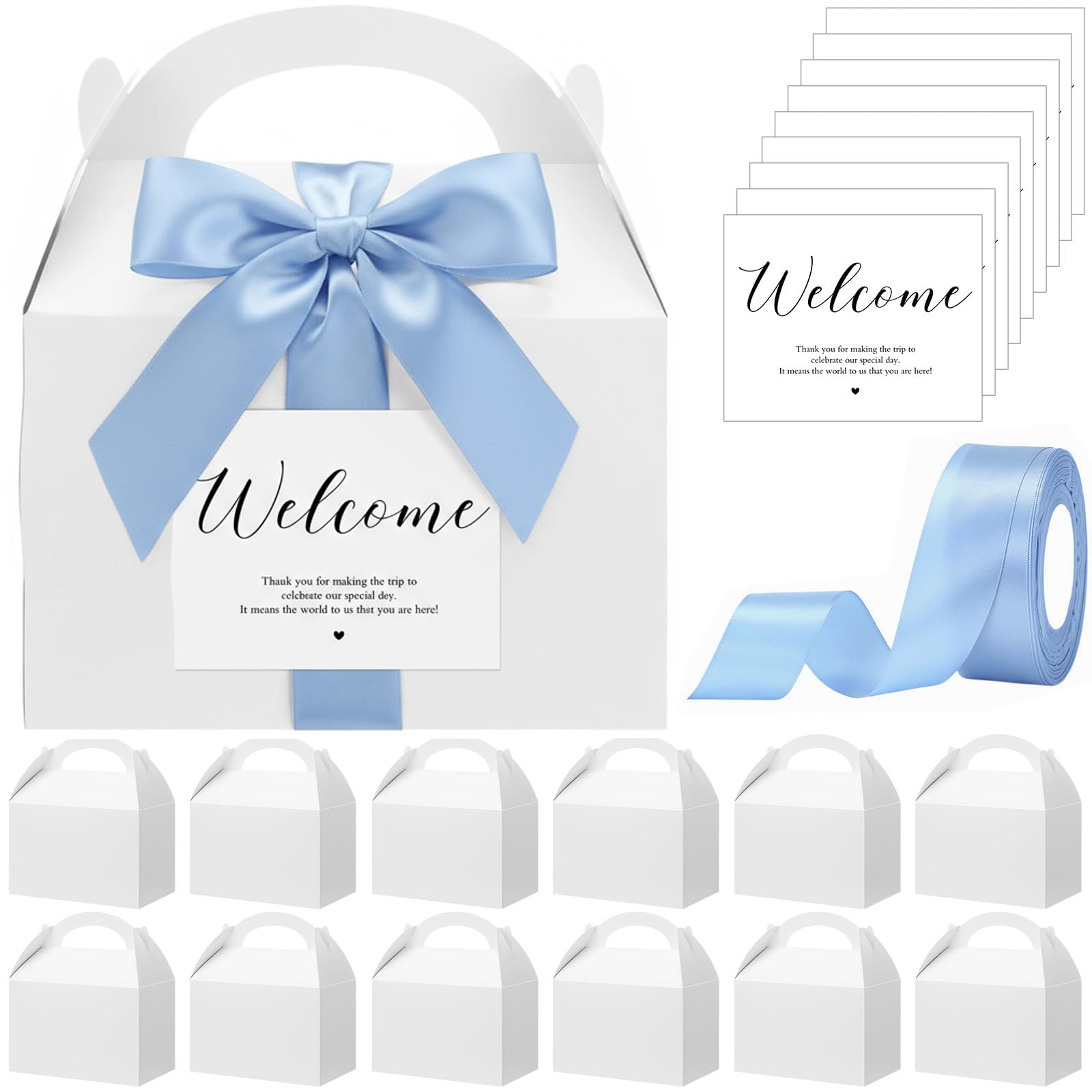 Maitys 24 Set Welcome Gable Boxes with Ribbon and Label 9x6x6'' Wedding Gift for Guests Large Paper Welcome Boxes for Wedding Bridal Baby Shower Party