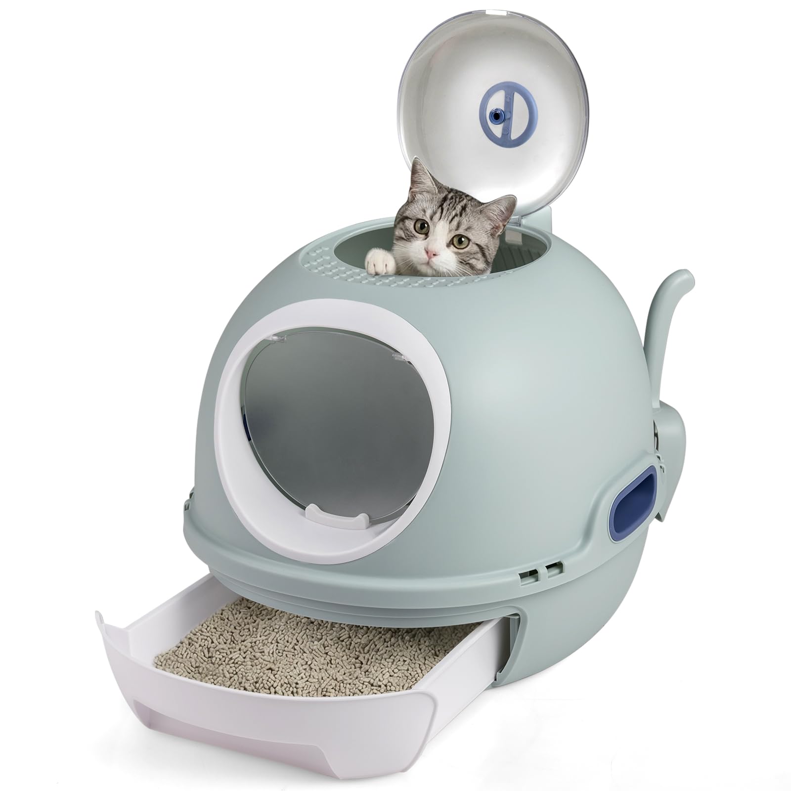 COSTWAY Cat Litter Box with Lid, Helicopter Style Fully Enclosed Cat Toilet with Scoop, Front Entry & Flip Top Exit, Portable Extra Deep Hooded Litter Potty Tray for Small to Medium Kittens Under 10kg