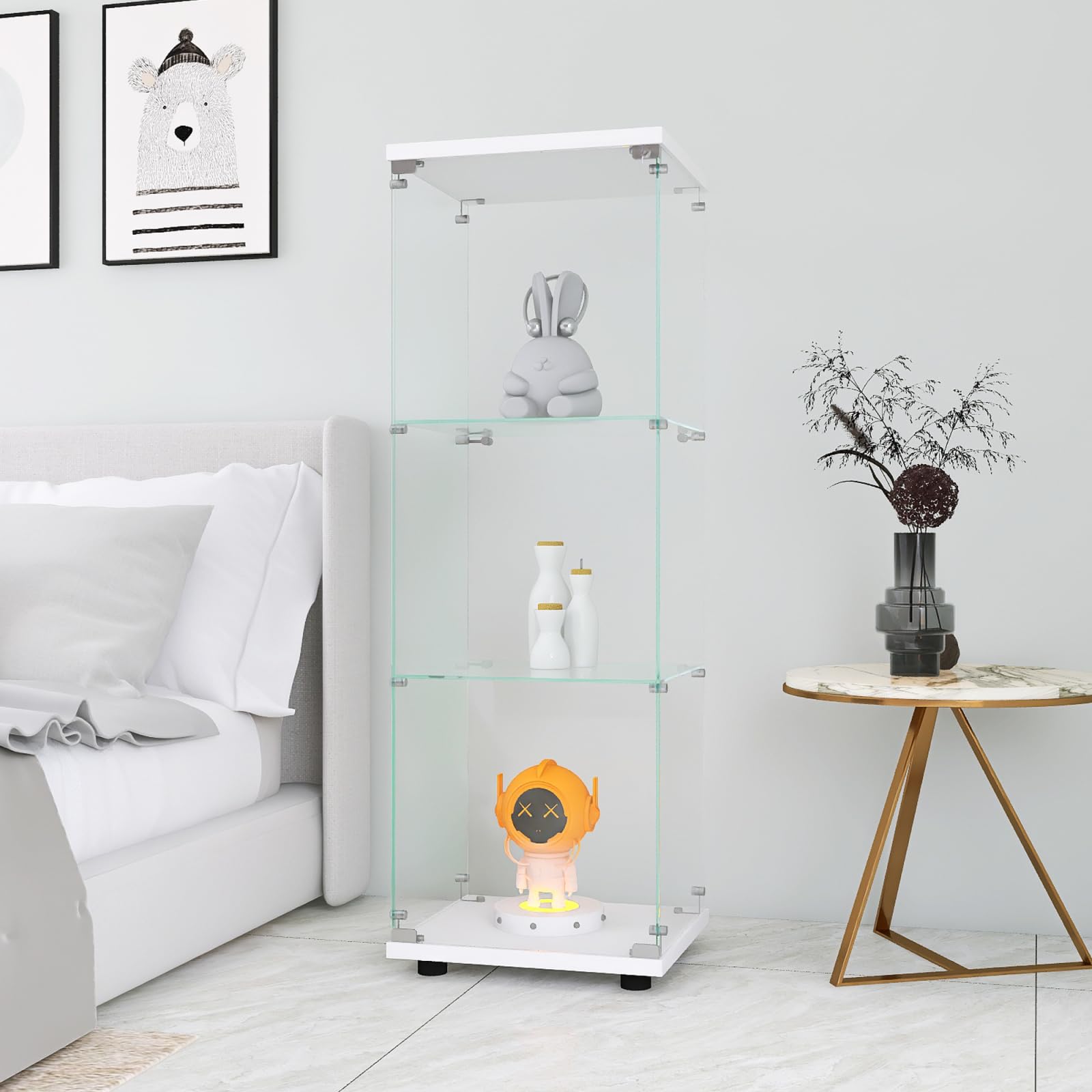 Vitrine en Verre Debout 36x42x125cm, Armoire de Rangement en Verre sur Pied, 3 Étagères, Vitrine pour Collection avec 1 Portes et Serrure, pour Bar, Cuisine et Salon (Blanc)