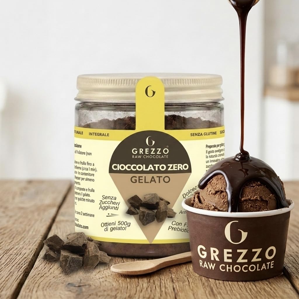 Preparato per Gelato al Cioccolato Crudo Senza Zucchero – con Cacao Crudo - Senza Gelatiera, Facile e Veloce – Senza Lattosio e Glutine – Confezione da 2 per 1000g di gelato al cioccolato