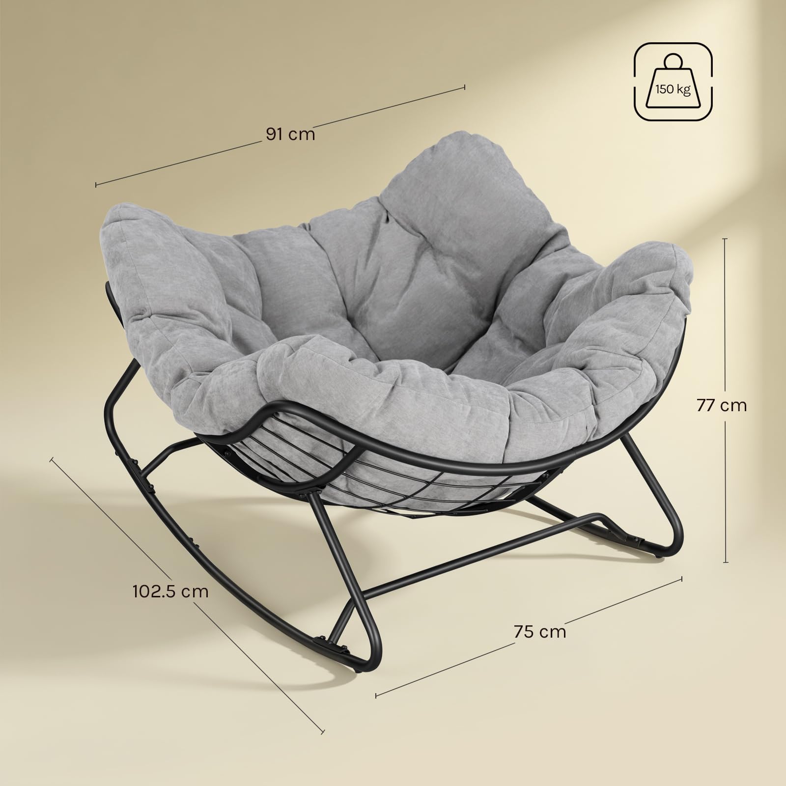 WOLTU Sedia a Dondolo a Forma di Uovo, Poltrona Relax con Gambe Curve, Struttura in Metallo e Cuscino in Ciniglia, Portata 150 kg, per Salotto e Balcone, Grigio Chiaro