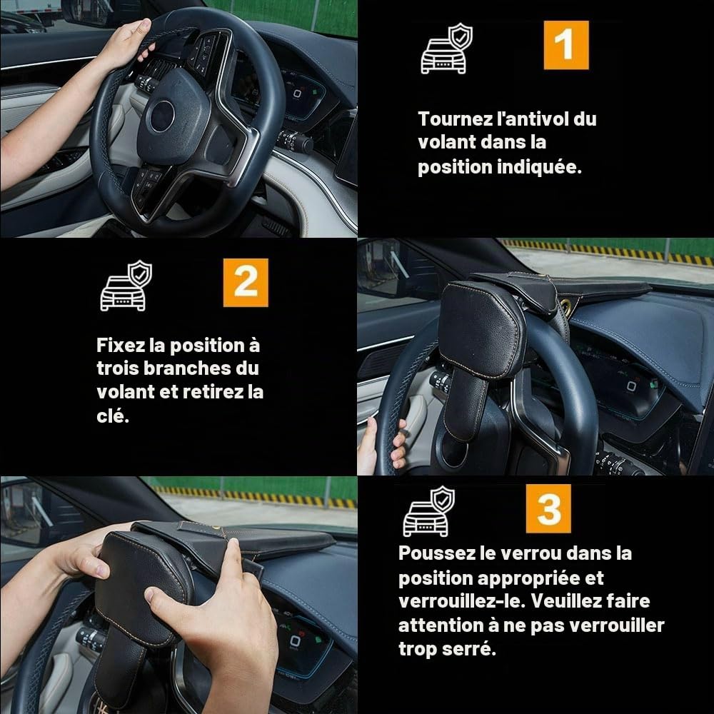 Blueshyhall Antivol de volant de voiture - Pour charges lourdes - Avec 2 clés - En cuir synthétique noir - Protection antivol - Anti-démarrage