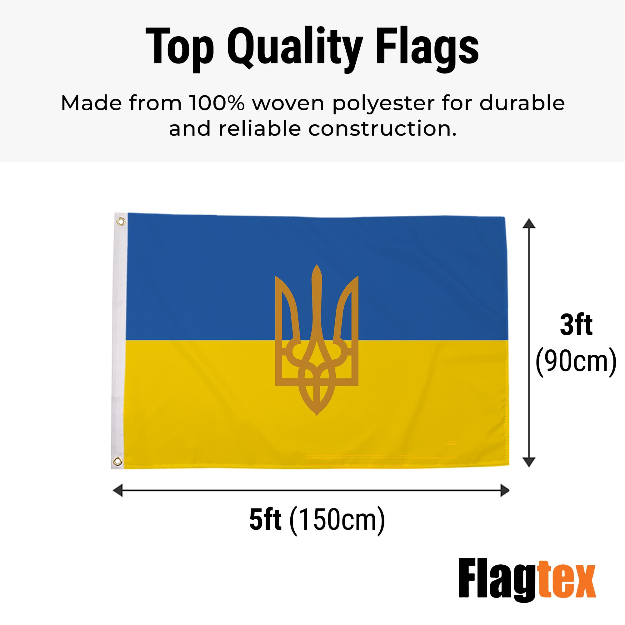 Flagtex Ukraine Flag with Trident Crest 5ft x 3ft (150cm x 90cm) - Ukrainian State Flag with Coat of Arms, Weather Resistant National Crest Flag, Tryzub Banner in use