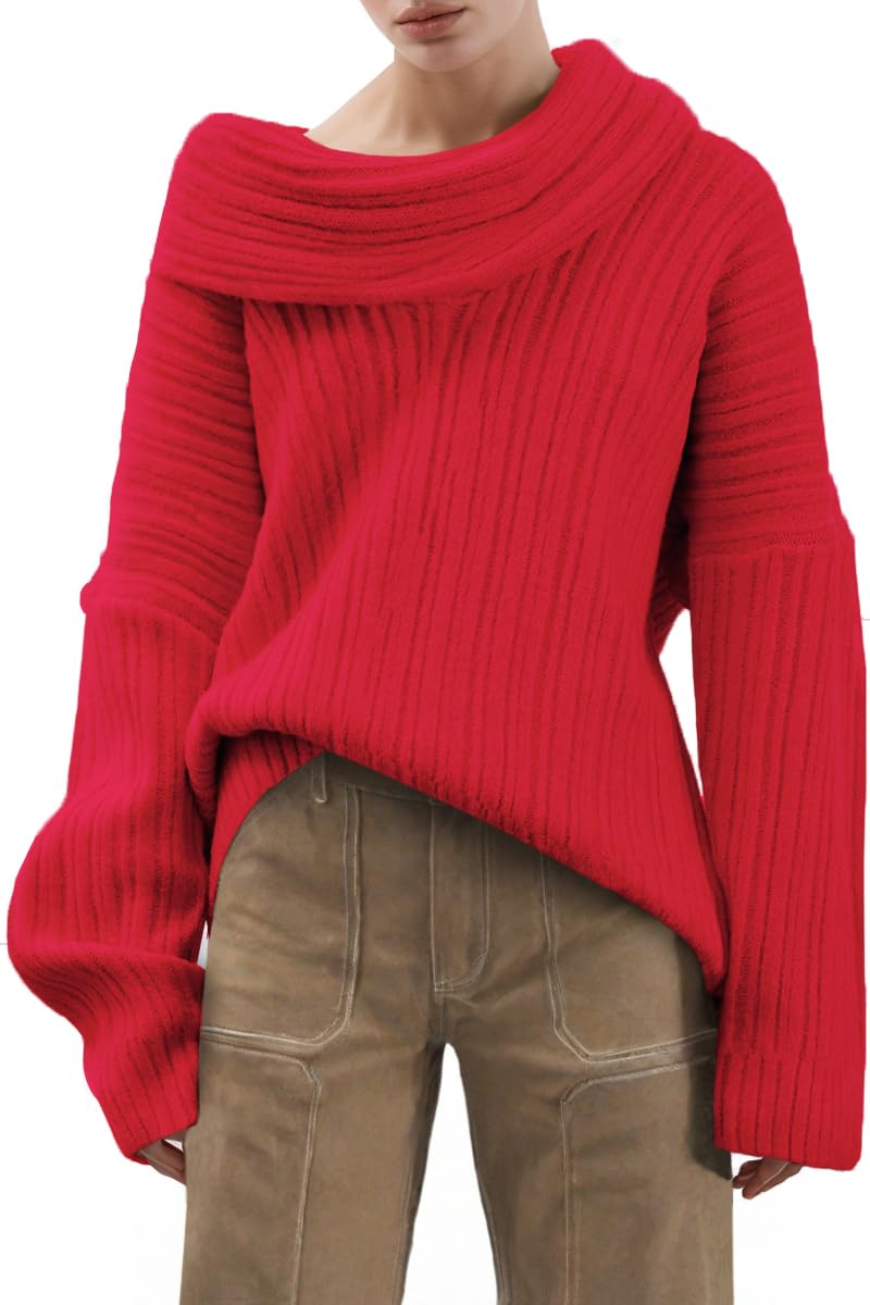 UNCLECAT Womens Cowl Neck Sweater 2025 Trendy Oversized Fall Sweater Boat Neck Knit Tops