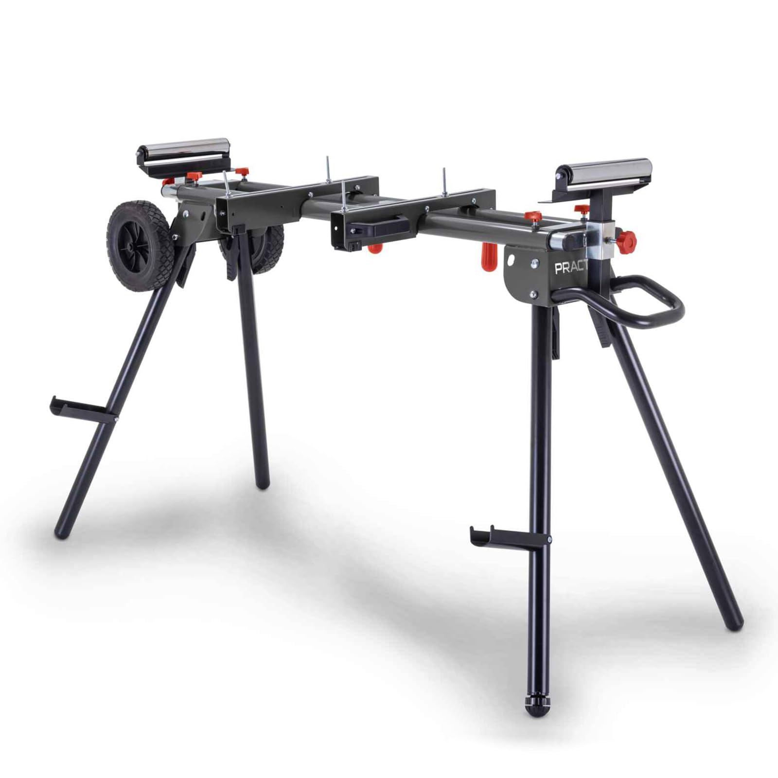 Practixx Untergestell für Kappsägen mit Rollen PX-UG-2000R | ausziehbar 1185-2000mm | Traglast 200kg | höhenverstellbare Rollenführung | Arbeitstisch mit Räder | inkl. Ablage für Werkstücke und Griff