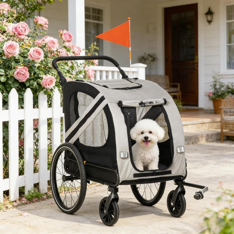 2-in-1 Pet Bike Trailer for Small Dogs, Road-Visibility Bicycle Stroller, Weather-Strong Bike Wagon Trailer Sidecar Attachment