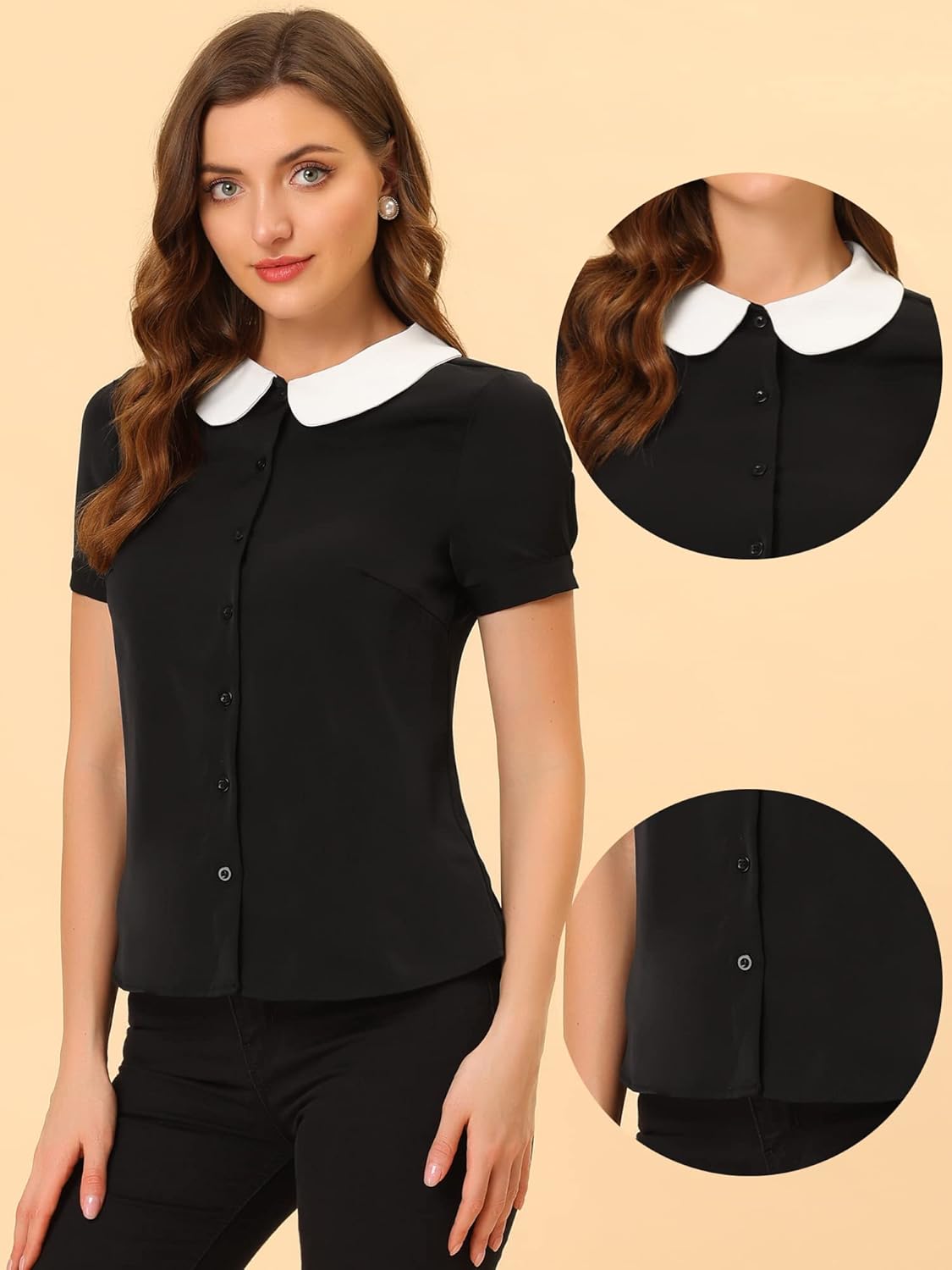 Allegra K Peter Pan Collar Blouse for Women's Contrast Collar Work Office Button Down Chiffon Top - Image 2