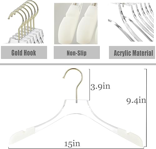 Miniatura 7 de Besser - Paquete de 6 perchas acrílicas de lujo de 15 pulgadas, perchas acrílicas doradas con hombros anchos para abrigo, perchas antideslizantes de