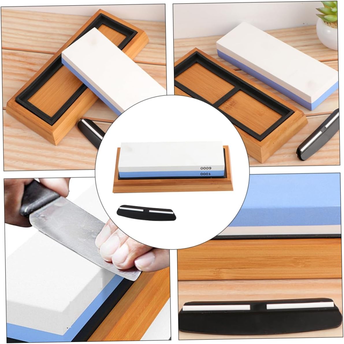 Double Sided Kitchen Sharpening Stone Set 1000/6000 Grit Whetstone with Silicone Pad Base Angle Guide and Correction Stone 5pcs Home Sharpening Tool Kit