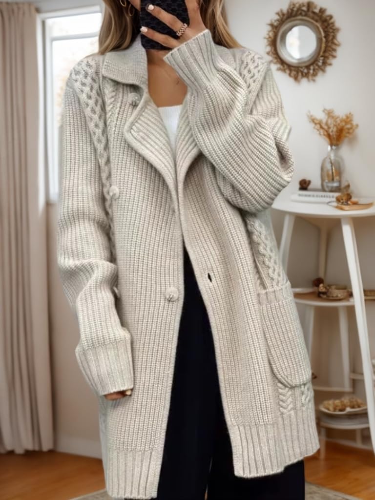 Gilet Long en Maille Torsadée pour Femme Col À Revers Veste Croisée en Maille avec Poches Manteau Gilet Oversize Épais et Chaud pour L'Automne et l'hiver