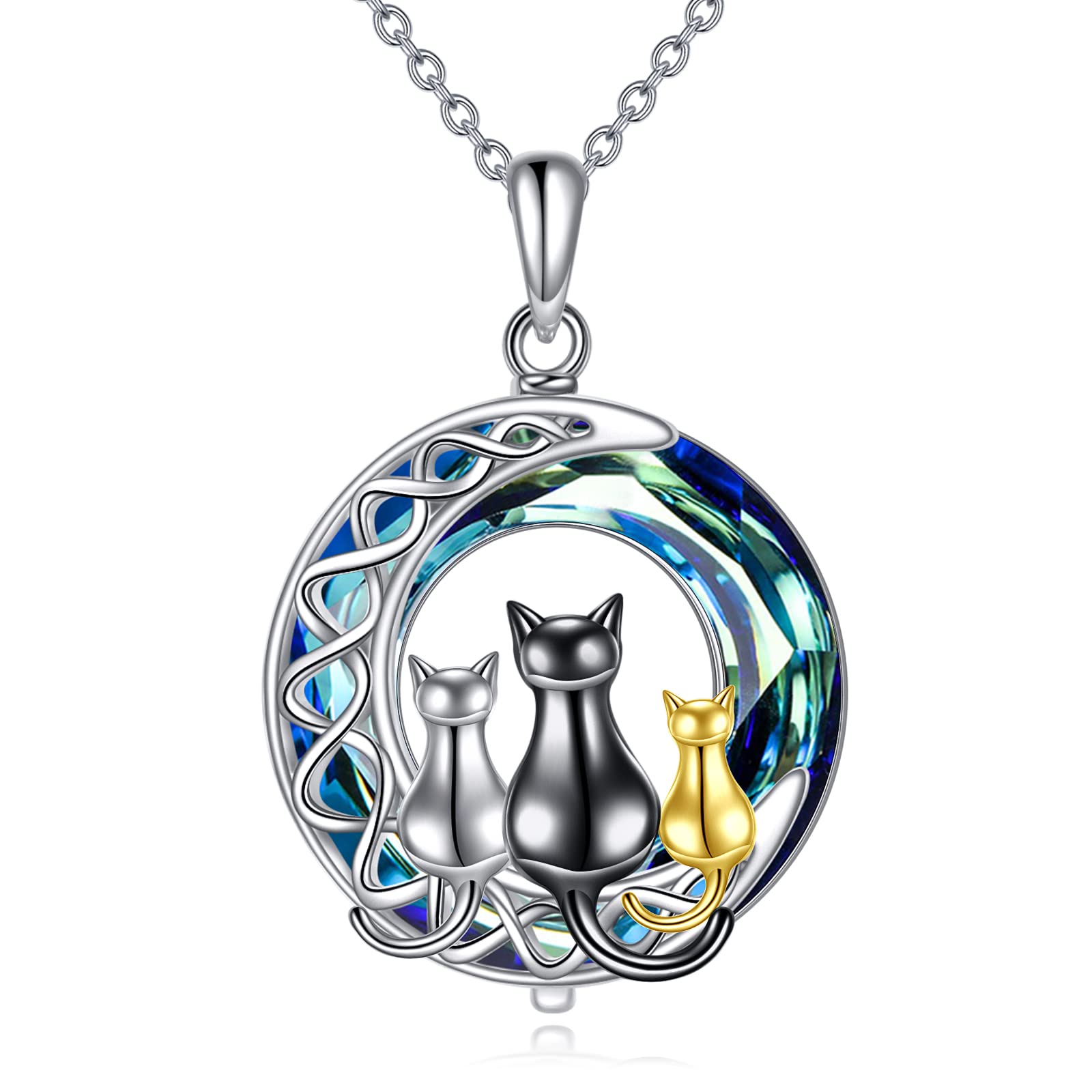 POPLYKE Katze Halskette Sterling Silber Schwarzer/Weiß Herz/Mond/Mondstein/Kristall Irischer Schmuck Geschenke für Frauen