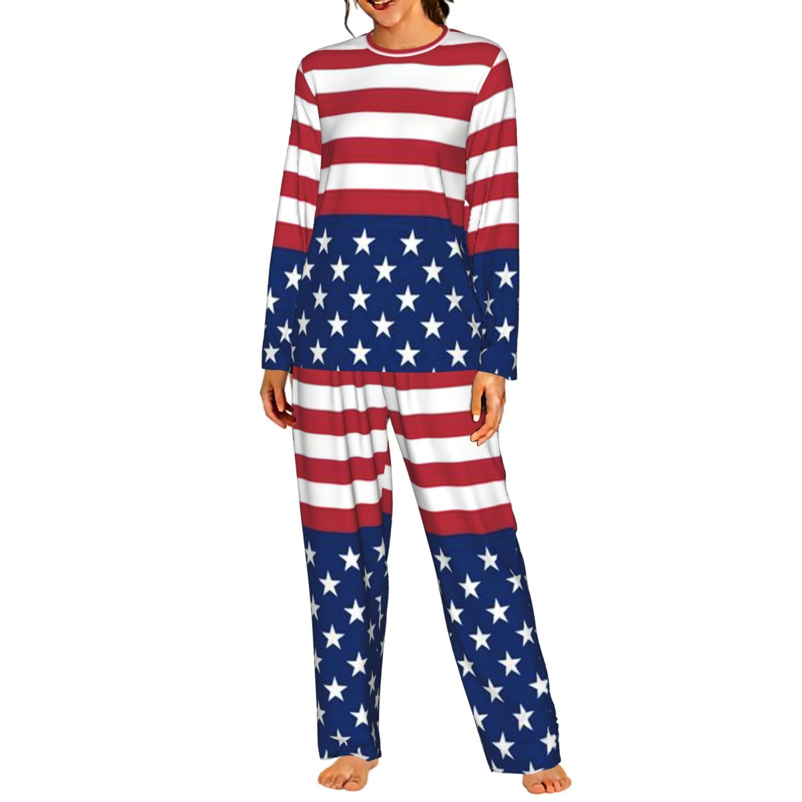 Bandiera americana stelle strisce stampa donna manica lunga pigiama coordinato morbido elastico coulisse casual daywear