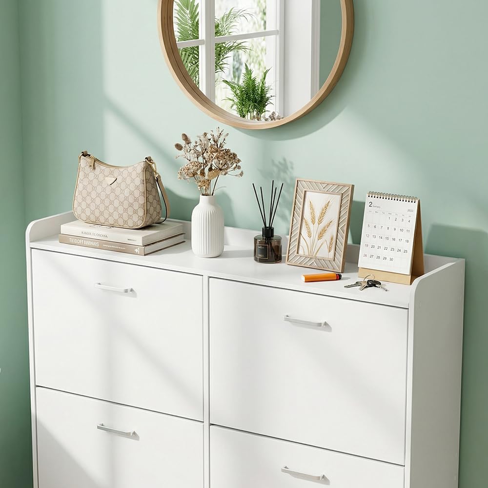 EGGREE Zapatero Estrecho con 4 Puertas Abatibles y Estantes Regulables, Mueble de Almacenamiento Blanco para Entrada, Salón, Dormitorio,105x24x102 cm