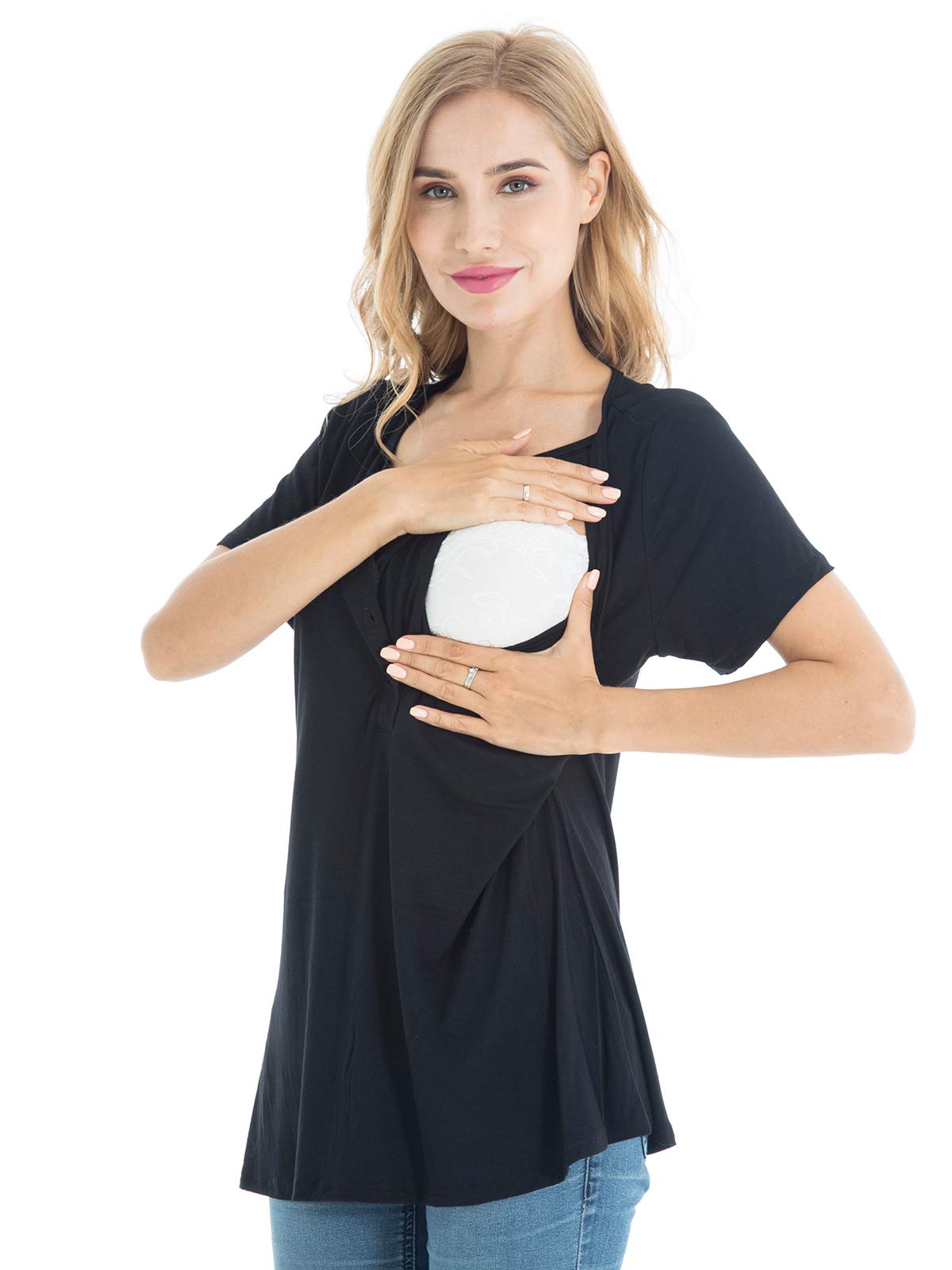 Women's Multifunction Maternity Nursing Tops Short Sleeve Breastfeeding Shirts with Button
