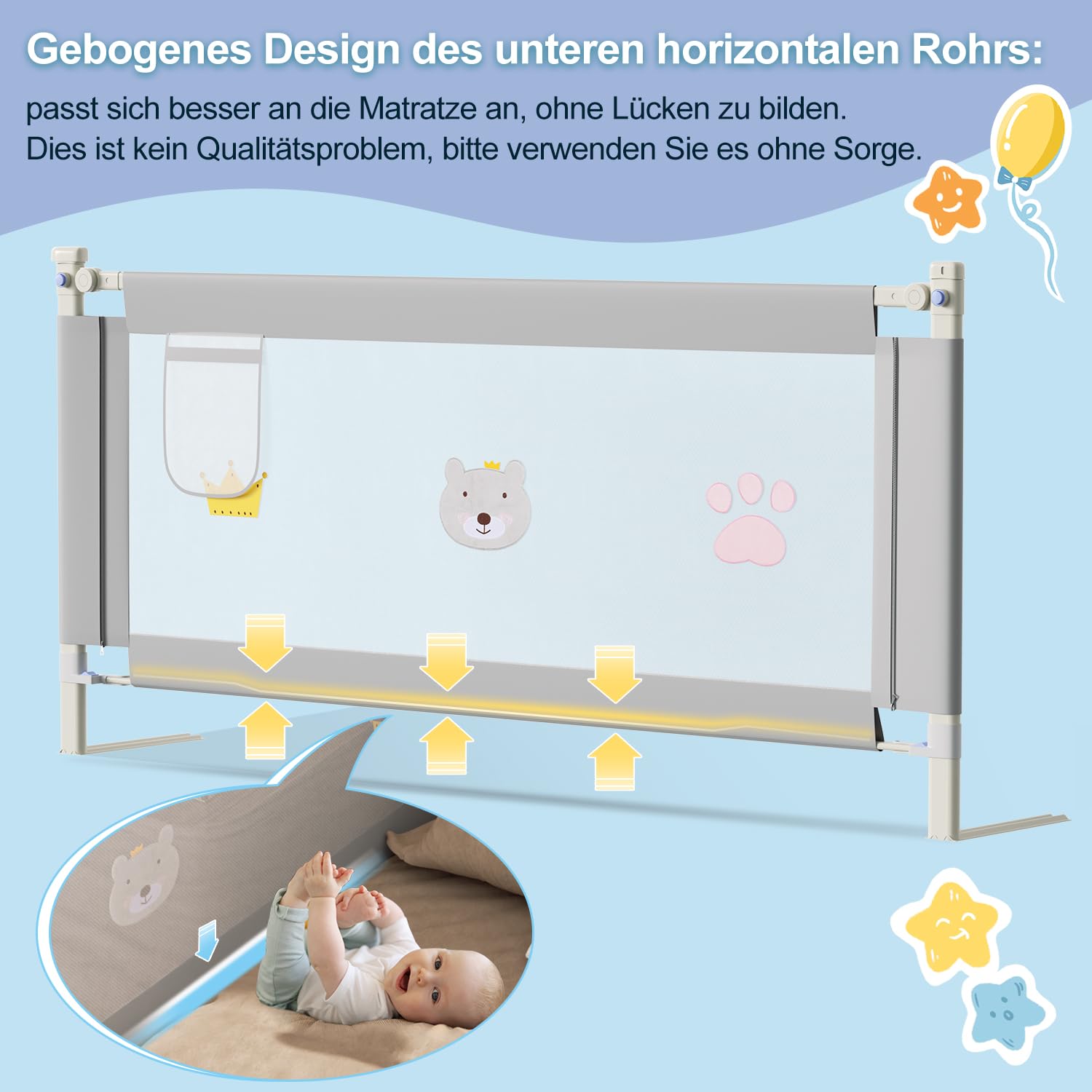Ikodm Barrera de cama de 200 cm, altura ajustable de 70 a 98 cm, barrera para cuna para niños pequeños, con patrón, estructura estable, rejilla para cuna con red aireada, color gris