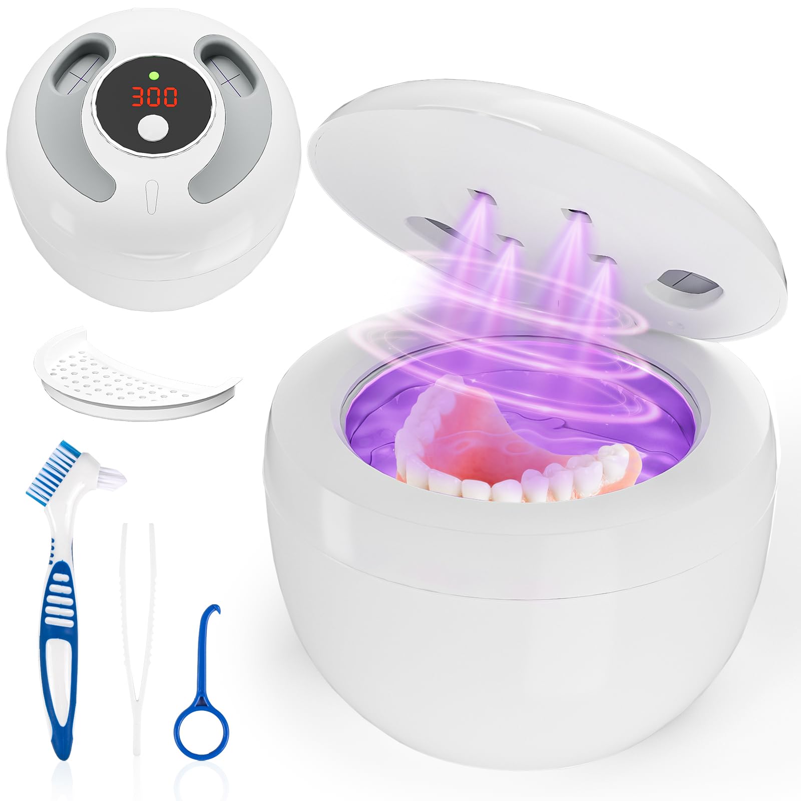 Pulitore a ultrasuoni Vankarr UV, 45000Hz 25W Pulitore portatile a ultrasuoni Pod dentale per bite dentali, protesi, fermi, allineatori, 4 lampade UV-C, 200ml, bianco