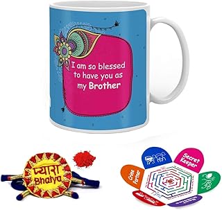 Indigifts Rakhi Gifts for Brother Pyara Bhaiya with Roli, Rakshabandhan Greeting Card & Blessed to Have You Brother Bhaiya Blue Printed Ceramic Mug Cup Combo for Brother Bhaiya