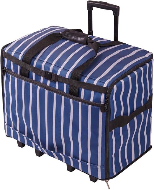Extra Large Sewing Machine Trolley Bag on Wheels in a Durable Navy Blue Fabric with White Stripes, 63 x 43 x 30cm, Birch 006107/STRIPE-NVY