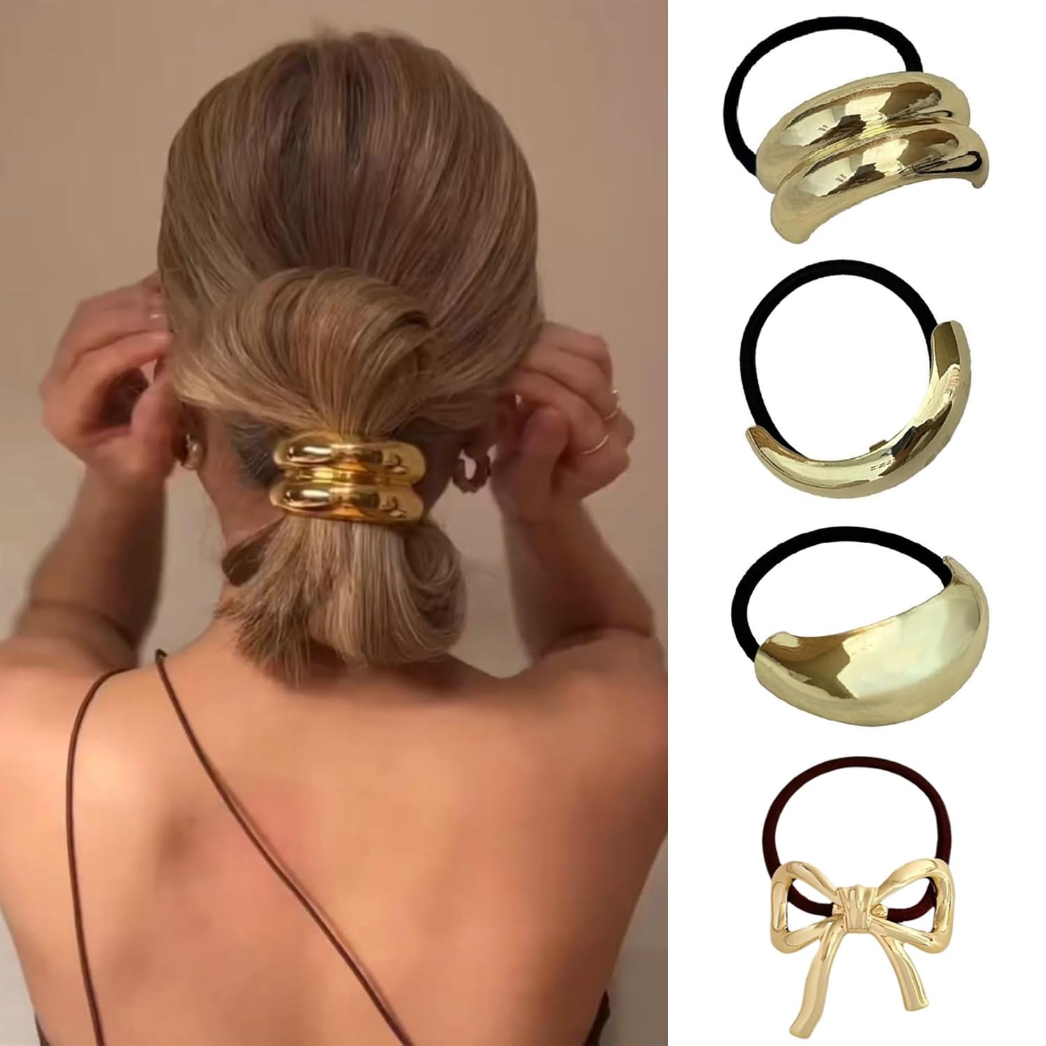 4PCS Gold Hair Ties,Metal Geometric Elastic Hair Ties,Ponytail Hairs Cuff,Stretchy and Non-Damage Ponytail Cuff Holders,Gold Hairs Clips for ThickHair